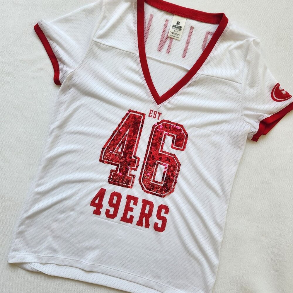 Victoria's Secret Pink NFL San Francisco 49ers Sequin V-Neck Jersey Cute Sporty